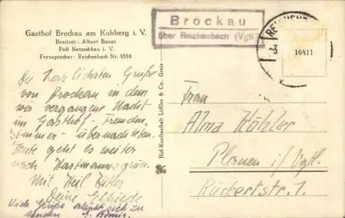 Ak Brockau Netzschkau im Vogtland, Gasthof Brockau am Kuhberg i. V., Auto