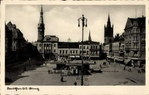 Ak Bytom Beuthen Oberschlesien, Ring, Rynek, Marktplatz, Rathaus, Kirchturm, Tankstelle