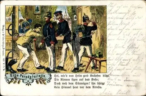 Litho Eine Paradetoilette, Soldaten beim Anlegen der Uniform