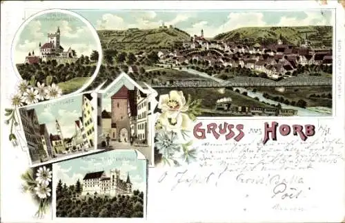 Litho Horb am Neckar, Panorama, Brücke, Eisenbahn, Markt, Schloss Weitenburg, Schloss Mürringen