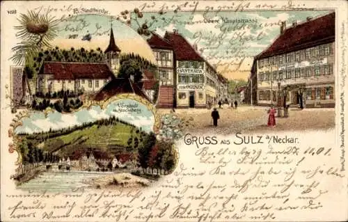 Litho Sulz am Neckar, Ev. Stadtkirche, Obere Hauptstraße, Vorstadt, Stocksberg, Gasthaus zum Ochsen