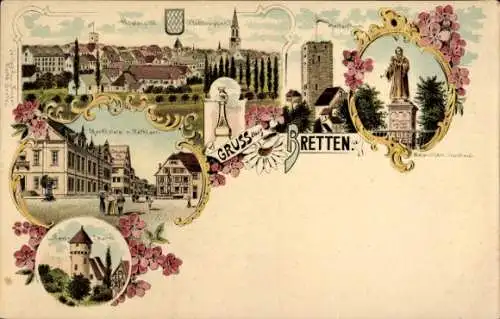 Litho Bretten in Baden, Gesamtansicht, Marktplatz, Turm, Denkmal