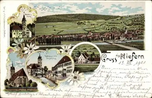 Litho Niefern in Baden, Gesamtansicht, Burg, Kirche, Rathaus, Oelmühle