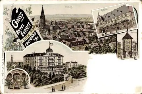 Litho Freiburg im Breisgau, Gesamtansicht, Rathaus, Hotel Europe