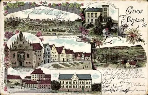 Litho Sulzbach Billigheim in Baden, Gesamtansicht, Rathaus, Katholisches Gesellenhaus