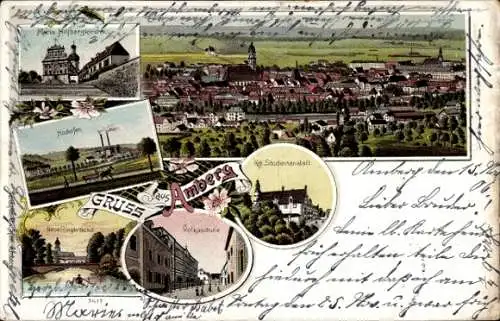 Litho Amberg in der Oberpfalz Bayern, Gesamtansicht, Studienanstalt, Volksschule