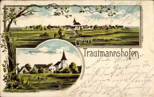 Litho Trautmannshofen Lauterhofen in der Oberpfalz, Gesamtansicht, Wallfahrtskirche