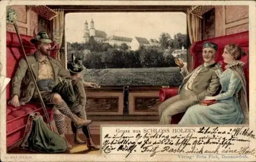 Litho Essenbach in Niederbayern, Schloss Holzen, Mann in bayerischer Tracht
