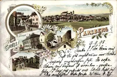 Litho Parsberg in der Oberpfalz, Gesamtansicht, Marktplatz, Kgl. Bezirksamt, Neue Straße