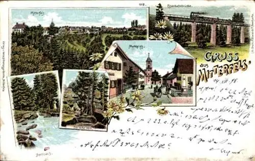 Litho Mitterfels, Ortspanorama, Markt, Eisenbahnbrücke, Hoher Stein, Perlbach