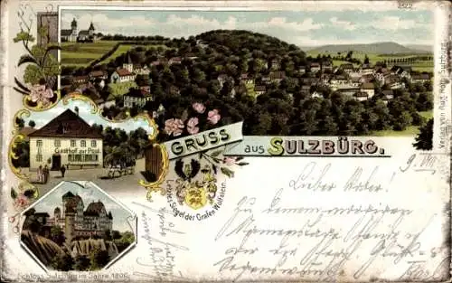 Litho Sulzbürg Mühlhausen in der Oberpfalz, Schloss, Gasthof zur Post, Siegel der Grafen Wolfstein