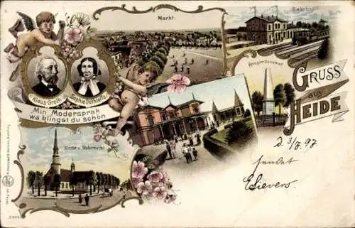 Litho Heide in Holstein, Klaus Groth, Sophie Dethleffs, Kirche, Markt, Bahnhof