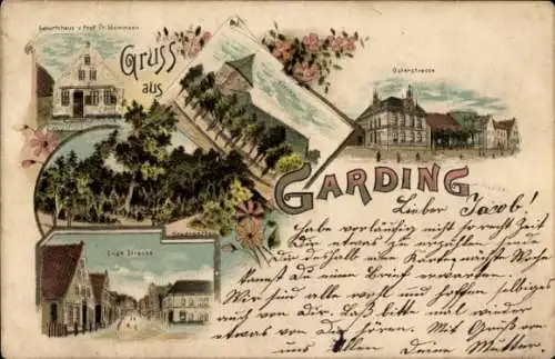 Litho Garding in Nordfriesland, Geburtshaus Mommsen, Osterstraße, Enge Straße, Stadtgarten