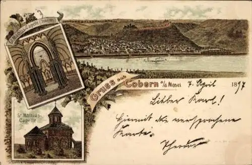 Litho Cobern Kobern Gondorf an der Mosel, Gesamtansicht, Sankt Mathias-Kapelle