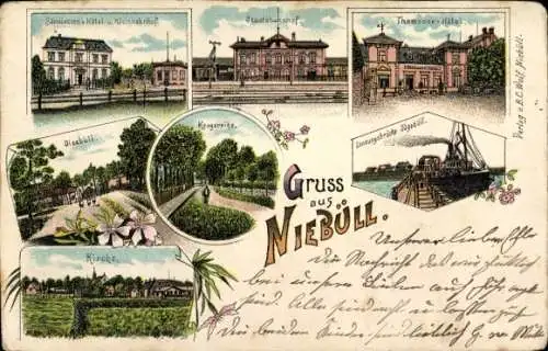 Litho Niebüll in Nordfriesland, Staatsbahnhof Gleisseite, Landungsbrücke Dagebüll, Thamsons Hotel