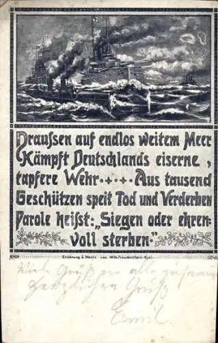 Künstler Ak Deutsche Kriegsschiffe, Draußen auf endlos weitem Meer