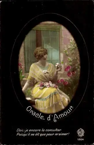 Passepartout Ak Oracle d'Amour, Frau m. Blumen, Kitsch