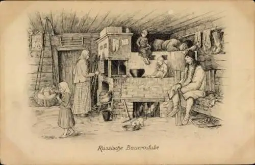 Künstler Ak Russische Bauernstube, Familie, Tracht, Katze