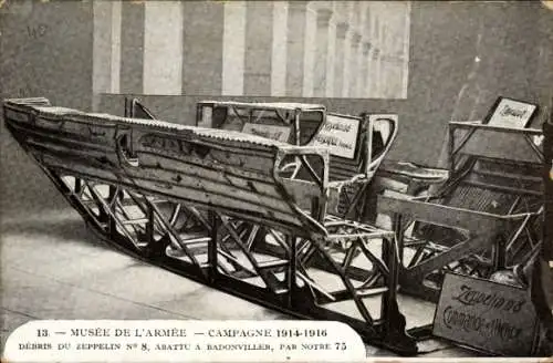 Ak Musee de l'Armee, Campagne 1914, Debris du Zeppelin No.8, Badonviller