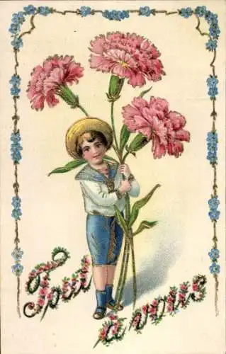 Präge Glitzer Litho Junge, Blumen, Vergissmeinnicht, Kitsch