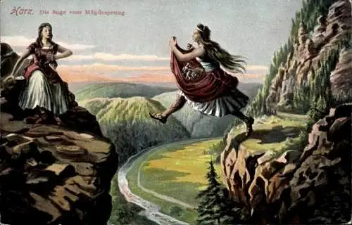 Ak Mägdesprung Harzgerode im Harz, Sage vom Mägdesprung, Felsen, Riesenjungfrau