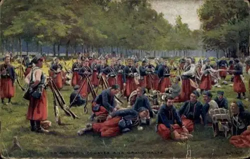 Ak En Guerre, Zouaves à la Grande Halte, französische Soldaten