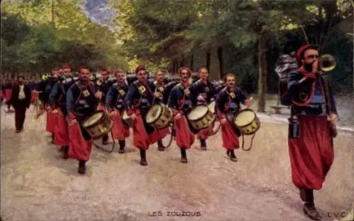 Ak Les Zouzous, Zouaven, Französische Kolonialkrieger, Musikkapelle, Trommler