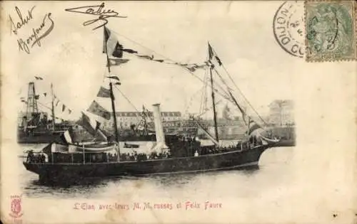 Ak L'Elan avec leurs M.M. russes et Felix Faure, Russischer Zar an Bord, Schiff