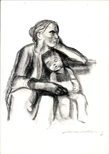 Künstler Ak Kollwitz, Käthe, Arbeiterfrau mit schlafendem Jungen, 1927