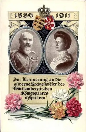 Künstler Ak Schnorr, König Wilhelm II v. Württemberg, Königin Charlotte, Silberhochzeit 1911, Wappen