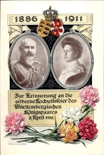 Künstler Ak Schnorr, König Wilhelm II v. Württemberg, Königin Charlotte, Silberhochzeit 1911, Wappen