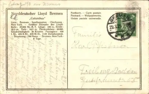 Ak Norddeutscher Lloyd Bremen, Doppelschrauben-Salondampfer Columbus