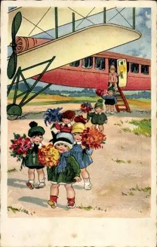 Ak Glückwunsch Geburtstag, Kinder, Blumensträuße, Flugzeug