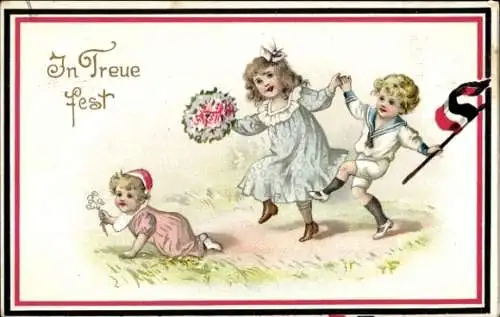 Ak Glückwunsch Geburtstag, Kinder mit Rosen und Kaiserreichsfahne