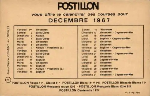 Ak Pferderennsport, Dezember 1967, Postillon, Jockey, Jean Claude Destaint