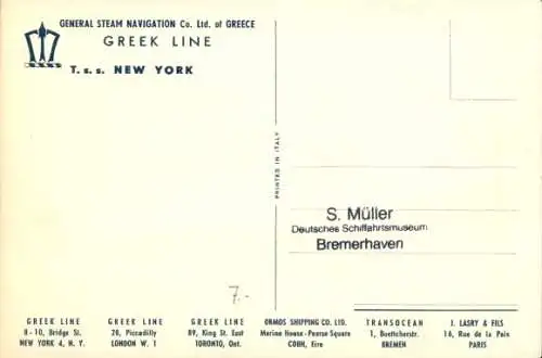 Künstler Ak Dampfschiff T.s.s. New York auf dem Meer, Greek Line