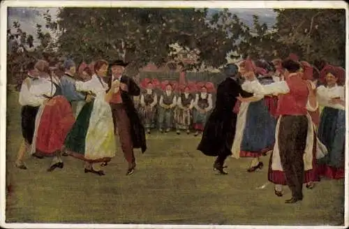 Künstler Ak Spindler, C., Tanzende Paare in Elsässer Tracht