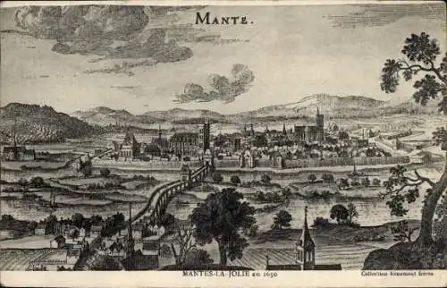 Ak Mantes la Jolie Yvelines, Panorama im Jahr 1650