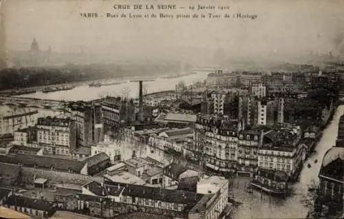 Ak Paris XII., Überschwemmungen 1910, Rues de Lyon und de Bercy, Uhrturm