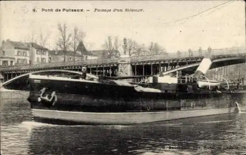 Ak Puteaux Hauts de Seine, Brücke, Passage eines Dampfers