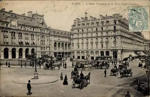 Ak Paris VIII, Gare Saint Lazare, Hotel Terminus, Kutsche