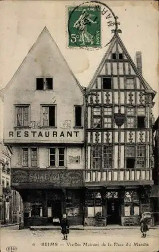 Ak Reims-Marne, Alte Häuser, Marktplatz, Restaurant