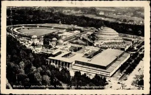 Ak Wrocław Breslau Schlesien, Jahrhunderthalle, Messehof, Ausstellungsgelände, Fliegeraufnahme