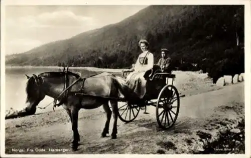 Ak Hardanger Norwegen, Frau in norwegischer Tracht, Pferd