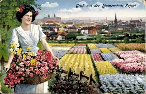 Ak Erfurt in Thüringen, Blumenfeld, Blumenmädchen, Stadt