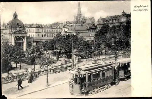 Ak Wiesbaden in Hessen, Kochbrunnen, Straßenbahn