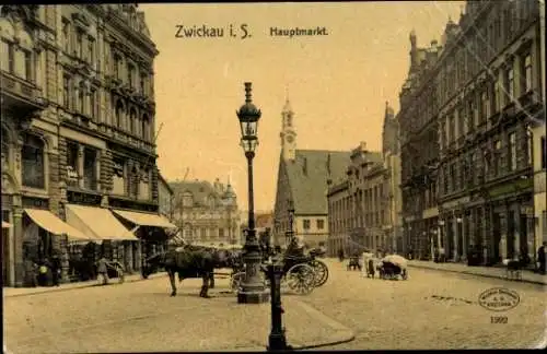 Ak Zwickau in Sachsen, Blick auf den Hauptmarkt, Rathaus, Kutsche