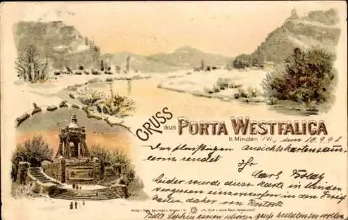 Winter Litho Porta Westfalica in Nordrhein Westfalen, Kaiser Wilhelm Denkmal, Winterlandschaft