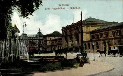 Ak Hannover in Niedersachsen, Ernst August Platz und Bahnhof, Fontäne