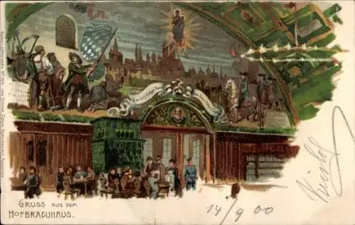 Litho München Bayern, Hofbräuhaus, Wandgemälde, Kachelofen, Leuchter, Besucher